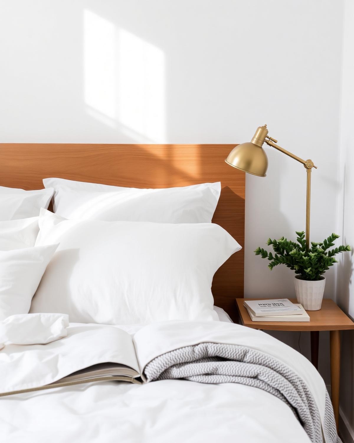Crisp white linen and brass lamp in a styled short-let bedroom